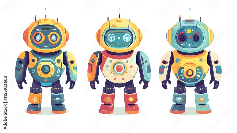 Three friendly cartoon robots stand together in a row Three friendly cartoon robots stand together in a row