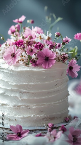 Elegant three-tier cake decorated with fresh flowers for a special occasion