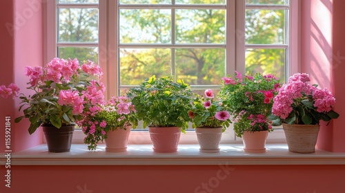 Colorful flowering plants on a windowsill with natural light in a serene setting