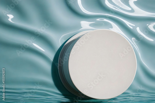 Empty white white circle podium on thic turquoise and waves in sunlight. Abstract background for product presentation. Flat lay cosmetic mockup,  photo