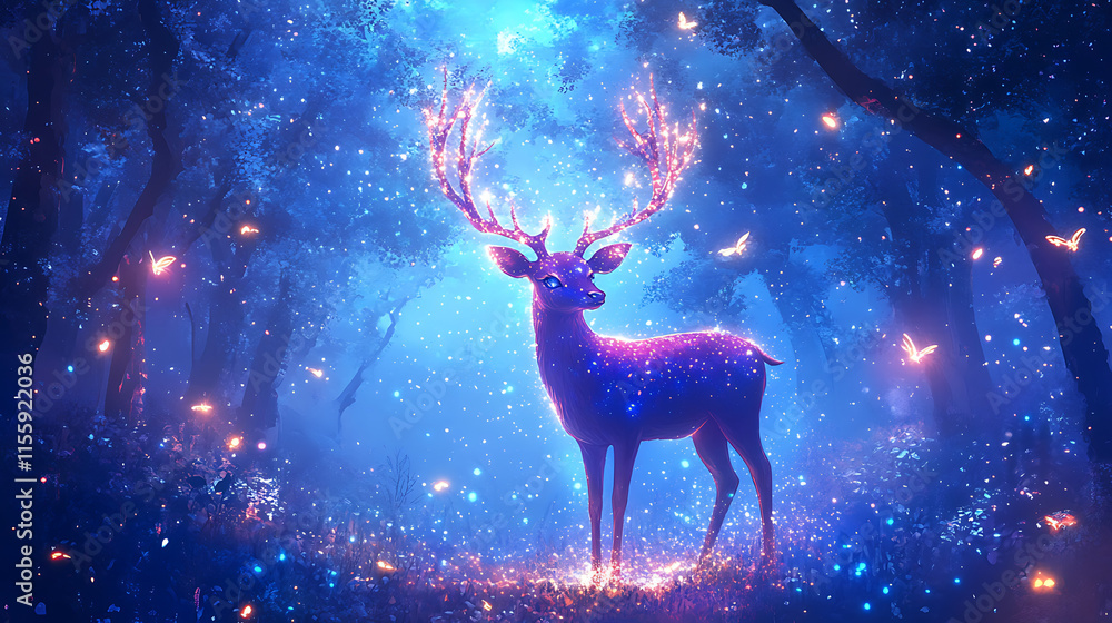 Magical Deer in Enchanting Forest: A majestic deer with glowing antlers stands serenely in a mystical forest at night, surrounded by sparkling butterflies and enchanting blue light. Magical Deer in Enchanting Forest: A majestic deer with glowing antlers stands serenely in a mystical forest at night, surrounded by sparkling butterflies and enchanting blue light.