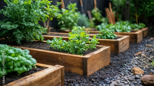 Vegetable garden with tools and fresh produce in a sunny backyard