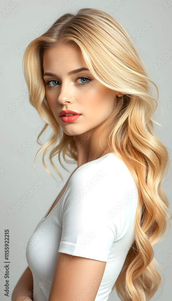 Fototapeta premium Beautiful model girl with Golden Blonde hair. Care and beauty hair products, magazine photoshoot, with white tones