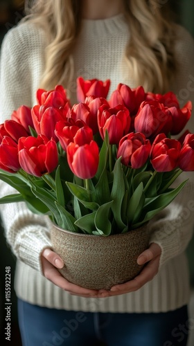 Beautiful woman holding a bouquet of vibrant orange tulips in a serene indoor...