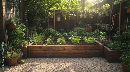 Vegetable garden with tools and fresh produce in a sunny backyard