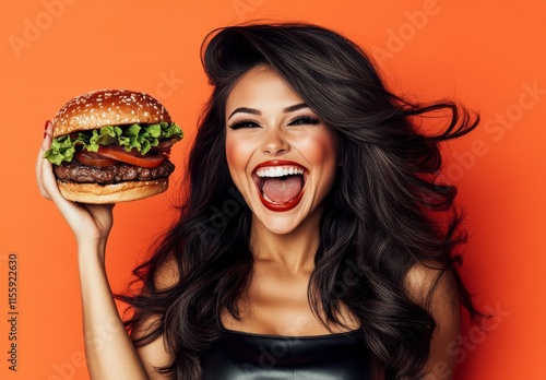 Wallpaper Mural A woman with an open, hungry mouth eats a burger sandwich on a yellow background. Torontodigital.ca