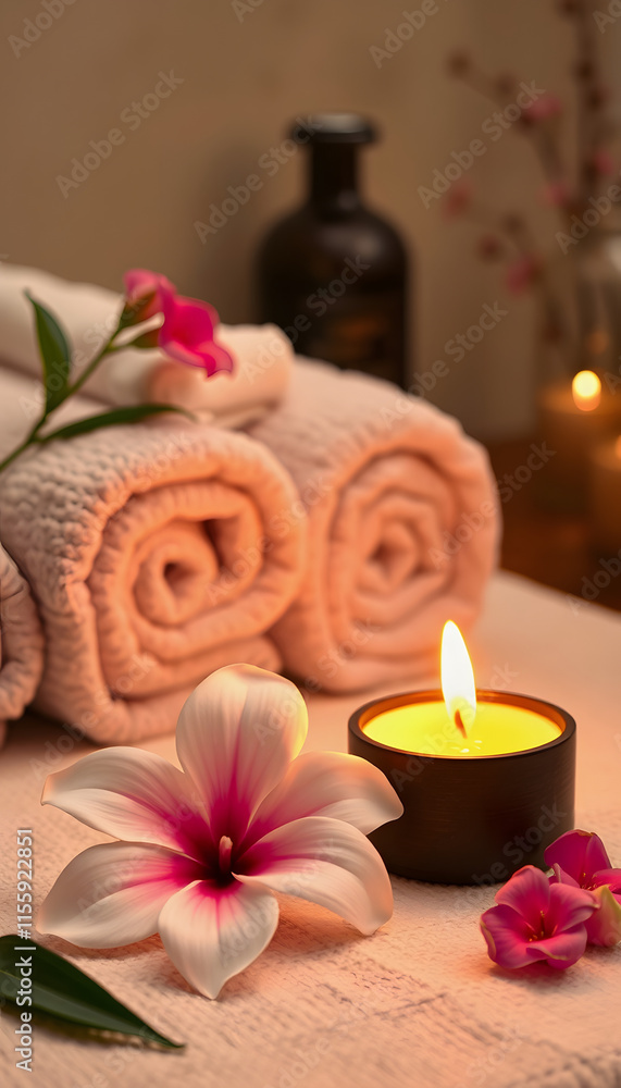 Spa beauty treatment and wellness background with towels flower massage oil and burning candle, dramatic atmosphere, with white tones Spa beauty treatment and wellness background with towels flower massage oil and burning candle, dramatic atmosphere, with white tones
