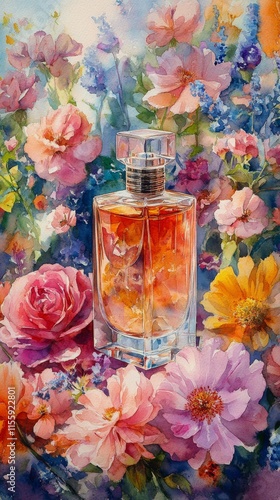 Bright floral arrangement with an elegant perfume bottle in a vibrant garden ...