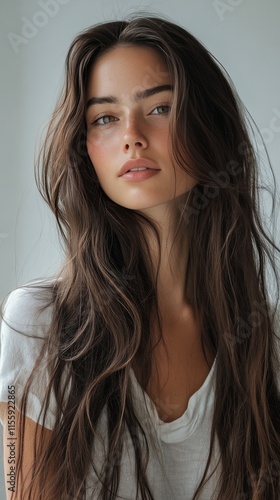 Young woman with long dark hair posing against a neutral background in casual...