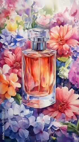 Bright floral arrangement with an elegant perfume bottle in a vibrant garden ...