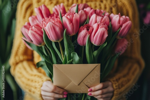 Celebration of love with a bouquet of pink tulips and an envelope