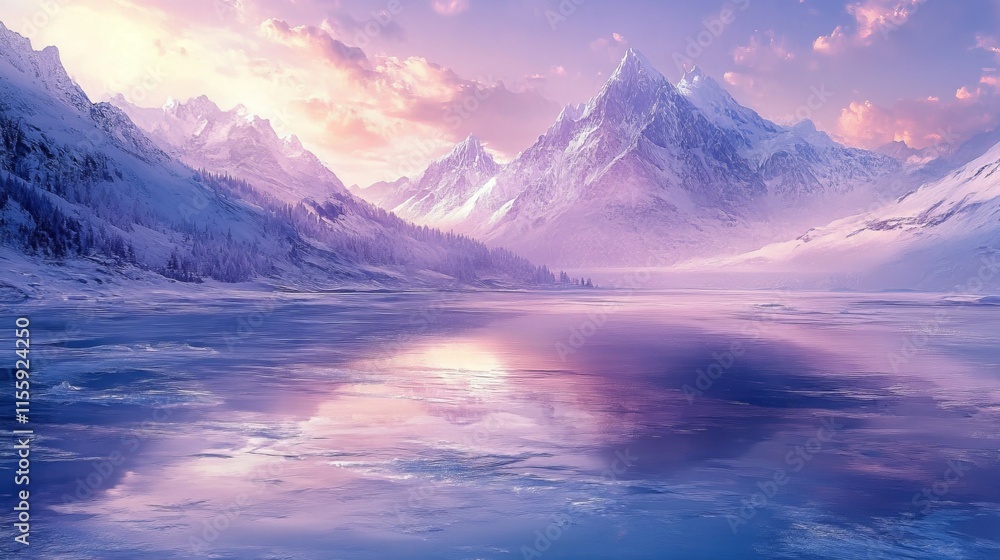 Majestic snow-capped mountains surround a vast, frozen lake under soft, ethereal dawn light Majestic snow-capped mountains surround a vast, frozen lake under soft, ethereal dawn light
