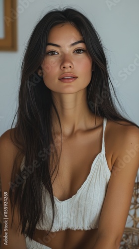 Portrait of a woman with long hair and natural makeup in a cozy indoor setting