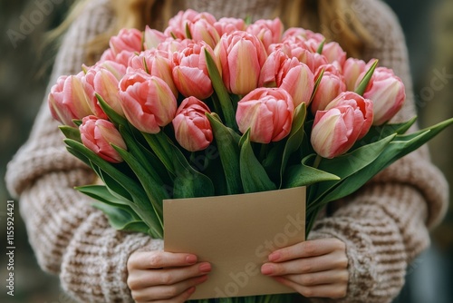 Celebration of love with a bouquet of pink tulips and an envelope