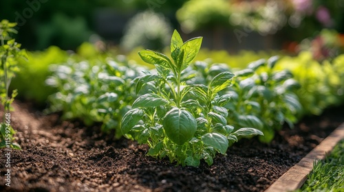 Lush green herbs growing in a well-kept garden with a stone pathway under a c...