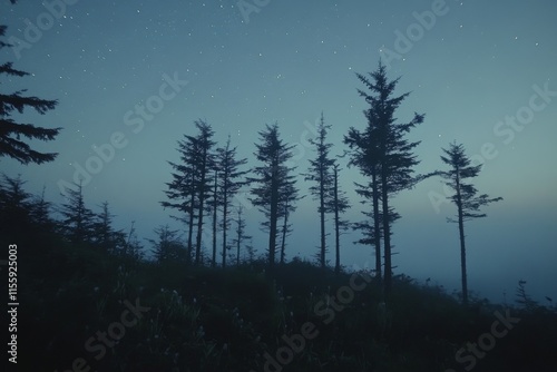 Starry sky over forest with silhouettes of tall trees during nighttime in a t...
