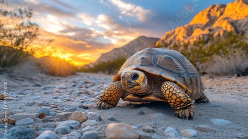 Tortoise exploring rocky desert landscape at sunset near mountains