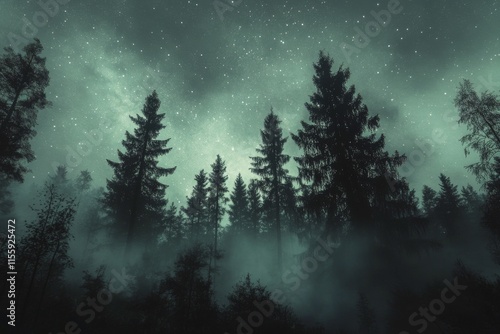 Starry sky over forest with silhouettes of tall trees during nighttime in a t...