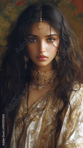Beautiful model wearing intricate gold jewelry and traditional attire with a ...