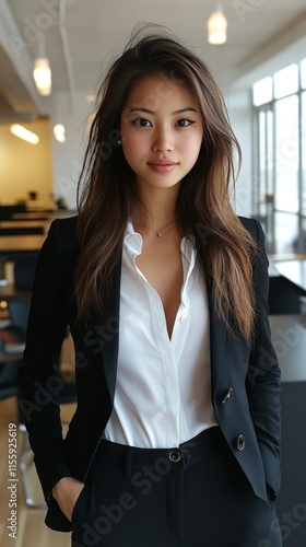 Professional woman in modern office wearing business attire and confident exp...