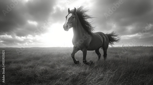 Majestic white horse galloping through water against a vibrant sunset backdrop