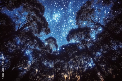 Starry sky over forest with silhouettes of tall trees during nighttime in a t...