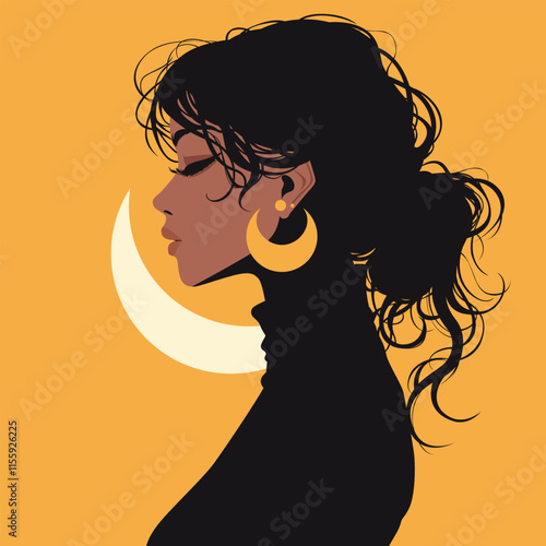 Stylized vector illustration of beautiful young woman silhouette with curly wavy hair. Crescent moon earrings decoration. Design for postcard, social media, beauty salon. Simple flat style art. 