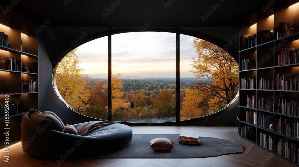 A cozy reading nook with a large, oval window framing a scenic autumn landscape, complete with a comfortable armchair, bookshelves, and a warm, inviting atmosphere A cozy reading nook with a large, oval window framing a scenic autumn landscape, complete with a comfortable armchair, bookshelves, and a warm, inviting atmosphere