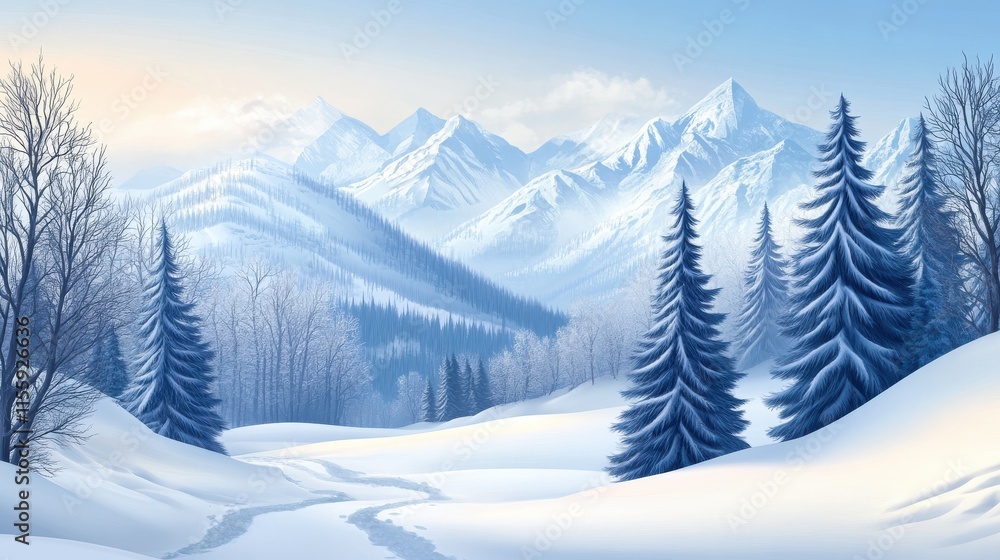 Obraz premium Winter landscape with snow-covered mountains in the background, winter, landscape, mountains, snow, cold, icy, frost, nature