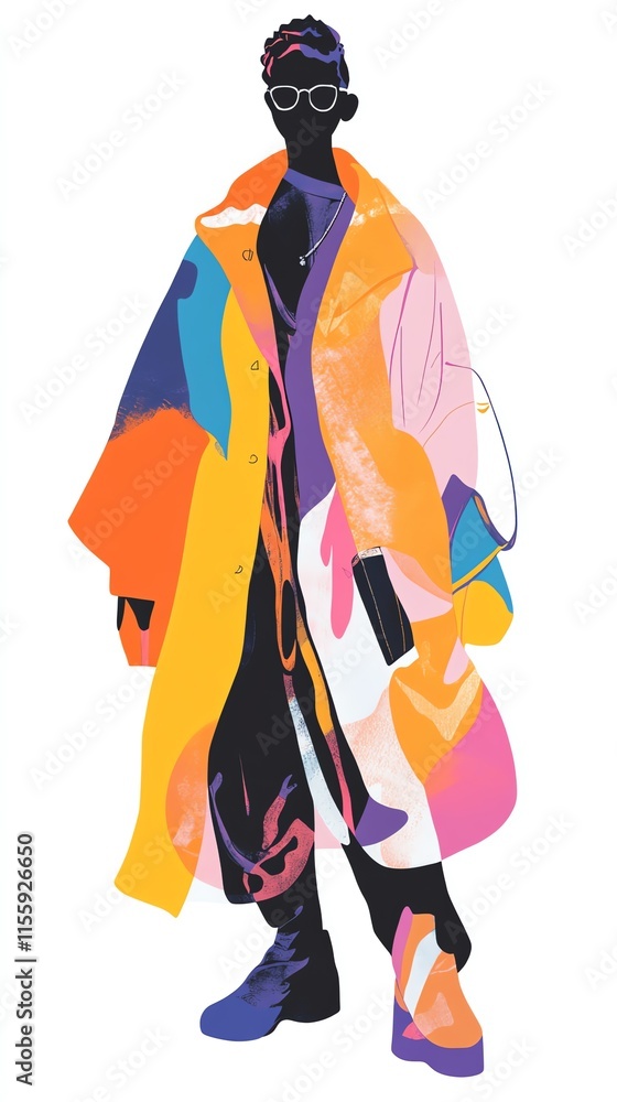 A colorful, abstract illustration of a fashionable figure in a vibrant coat and stylish shoes.