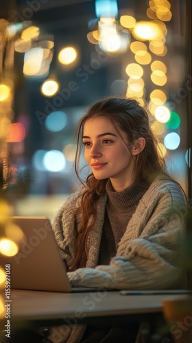Woman using laptop in cozy cafe with warm lights at night in urban setting