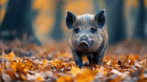 Wild boar exploring a forest path covered with autumn leaves in a tranquil se...