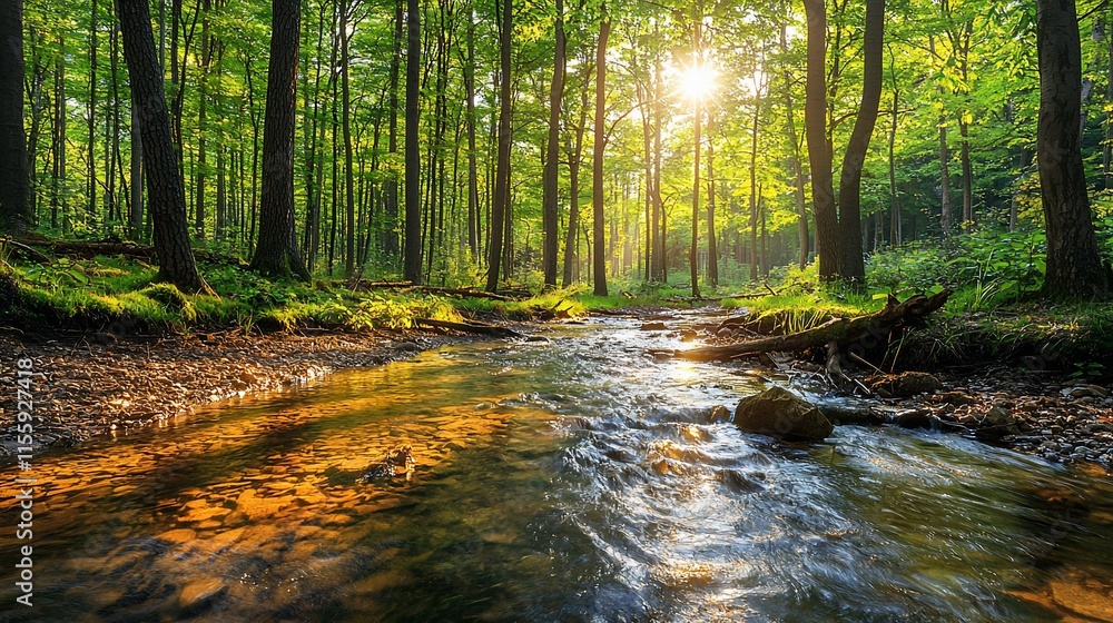 Sunlit stream flowing through lush green forest. Sunlit stream flowing through lush green forest.