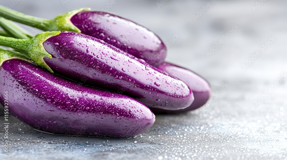 A bunch of purple eggplants with water droplets on them A bunch of purple eggplants with water droplets on them