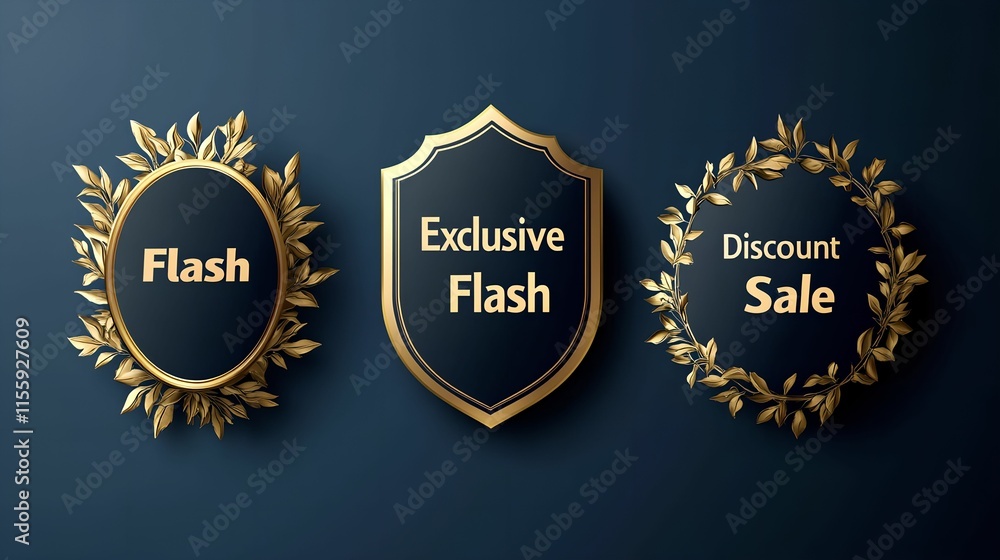 Obraz premium Three gold-themed promotional badges for sales and discounts.