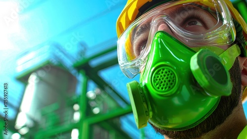 A person in a green gas mask and hard hat looks upwards, surrounded by industrial equipment and bright blue skies. photo