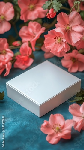 Elegant product presentation surrounded by vibrant pink flowers on a blue bac...