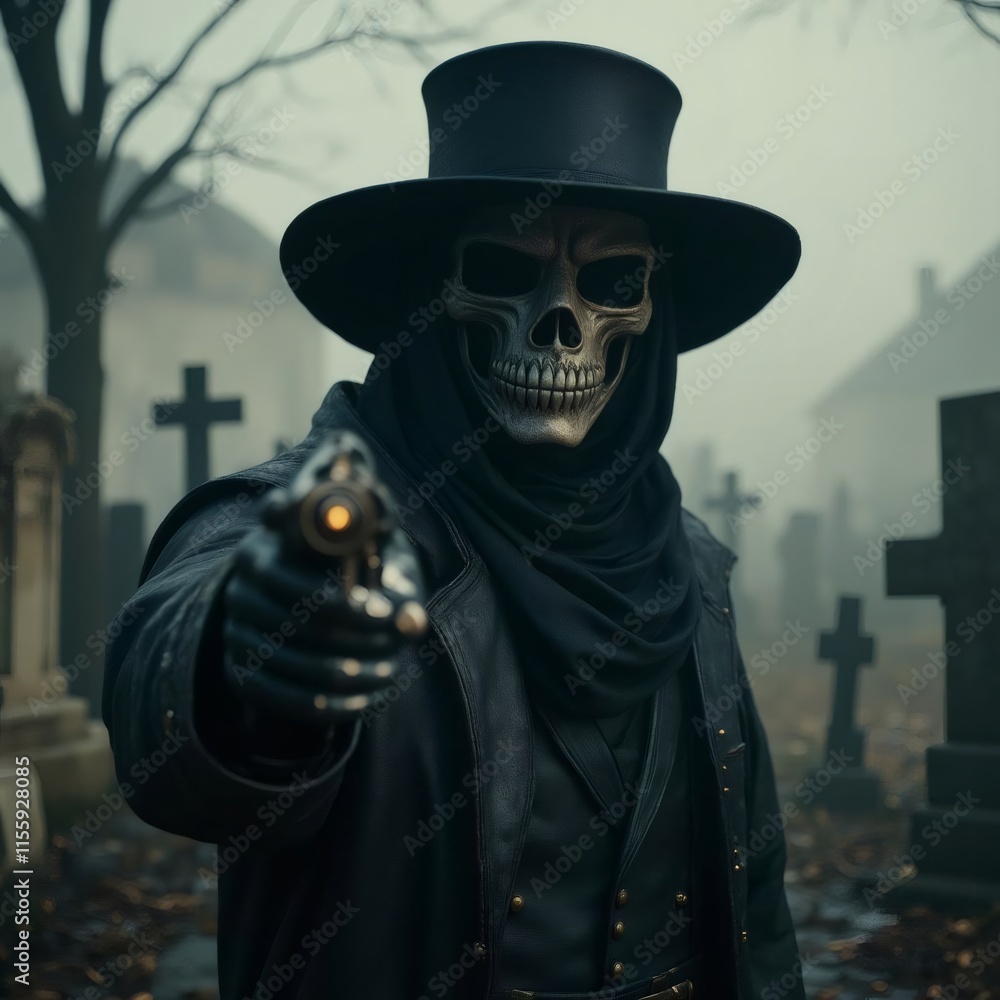 Una figura enigmática con sombrero de copa en un cementerio envuelto en niebla.
Una figura enigmática con sombrero de copa en un cementerio envuelto en niebla.