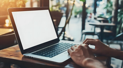Papier peint photo  Mockup of a hand using a laptop with a blank white screen, placed on a vintage wooden table in a cafe.  © mahamad