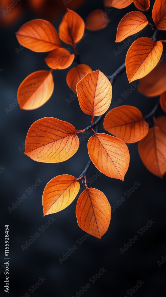 Vibrant orange leaves cascading over dark textured stone background in autumn setting Vibrant orange leaves cascading over dark textured stone background in autumn setting