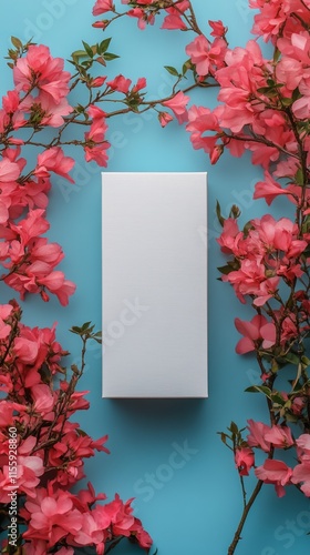 Elegant product presentation surrounded by vibrant pink flowers on a blue bac...