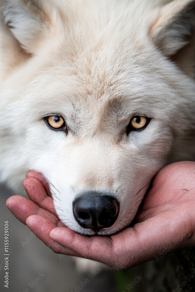 Obraz premium A close up of a person's hand holding a white wolf