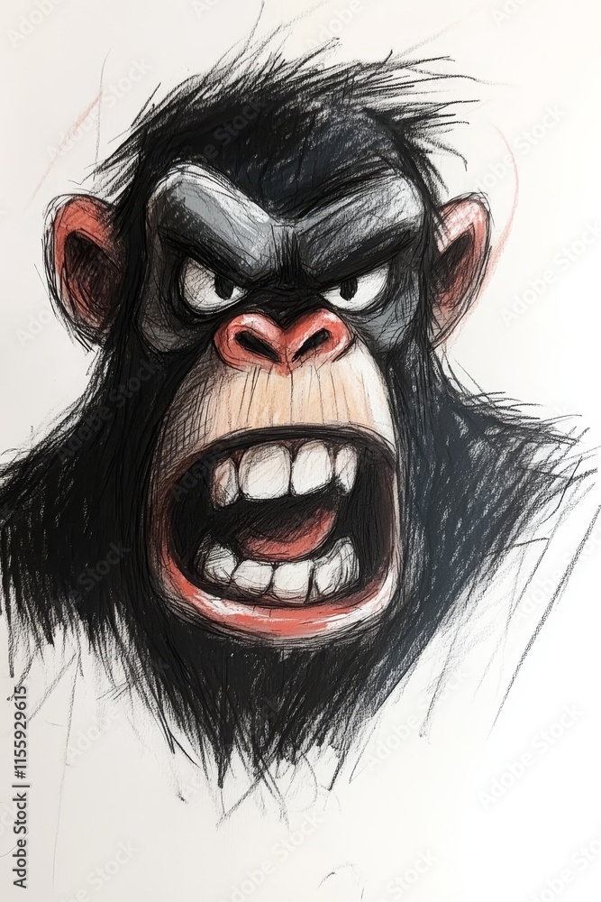 A drawing of a chimpanzee's face with its mouth open A drawing of a chimpanzee's face with its mouth open