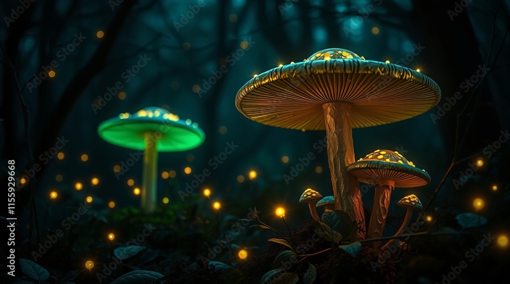 Fototapeta premium A magical forest with glowing mushrooms and fireflies, soft ethereal lighting, fantasy setting, ultra-detailed.