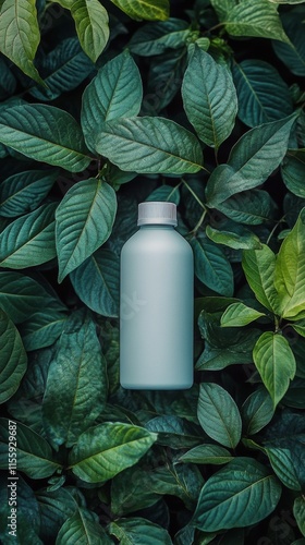 Green leaves surround a white spray bottle in a natural setting of lush foliage