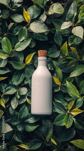 Green leaves surround a white spray bottle in a natural setting of lush foliage