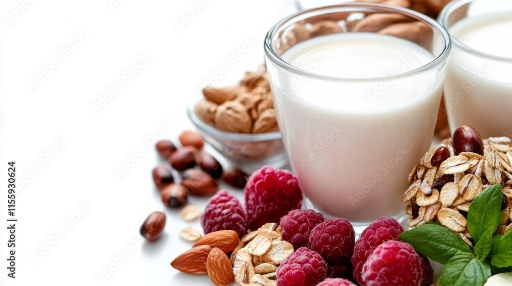 Vibrant Milks with Almonds and Raspberries in High Contrast Vibrant Milks with Almonds and Raspberries in High Contrast