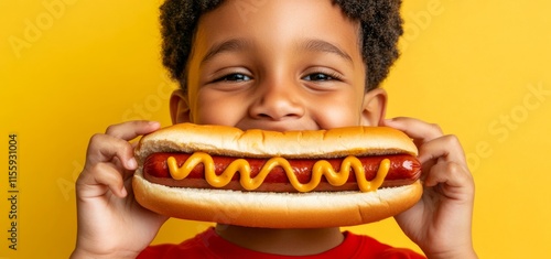 An Afro-American boy enjoying a classic hot dog with ketchup on a yellow background, with extra space for text or images.