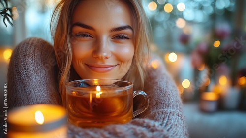 Smiling woman enjoying tea by candlelight in cozy indoor setting during autumn
