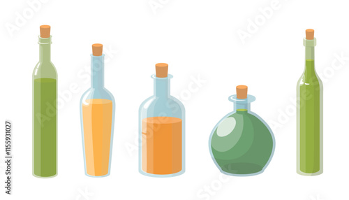 Set of glass bottles with oils in cartoon style. Vector illustrations of bottles of different shapes with wooden stoppers, olive and sunflower oils, isolated on white background. Salad dressing.